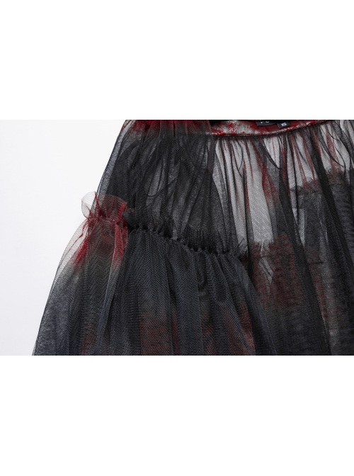 Black And Red Slightly Through Asymmetric Layered Mesh Crackled Leather Belt Punk Style Mesh Skirt