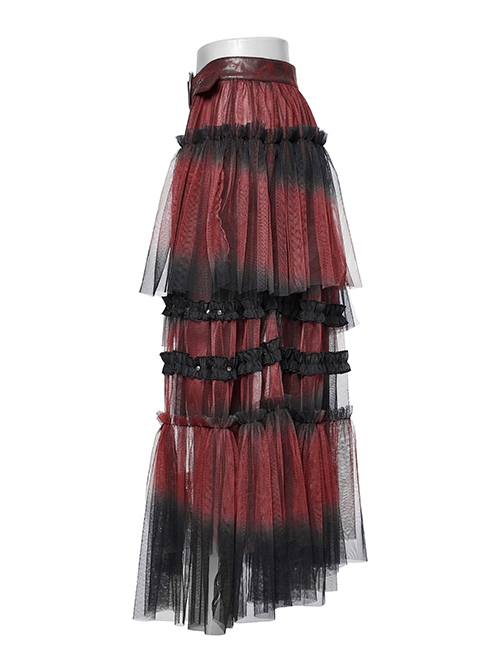 Black And Red Slightly Through Asymmetric Layered Mesh Crackled Leather Belt Punk Style Mesh Skirt