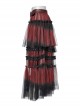 Black And Red Slightly Through Asymmetric Layered Mesh Crackled Leather Belt Punk Style Mesh Skirt