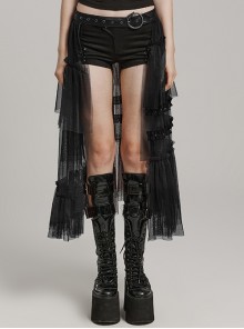 Black Slightly See Through Asymmetric Layered Mesh Crackled Leather Belt Punk Style Mesh Skirt