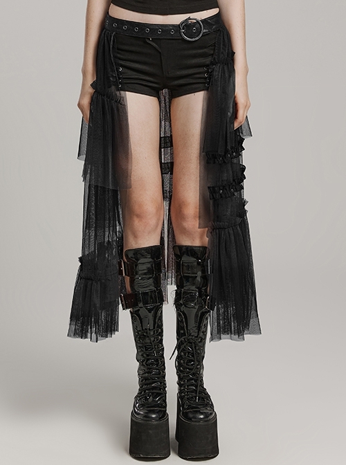 Black Slightly See Through Asymmetric Layered Mesh Crackled Leather Belt Punk Style Mesh Skirt