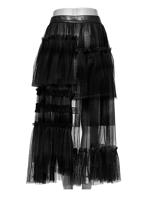 Black Slightly See Through Asymmetric Layered Mesh Crackled Leather Belt Punk Style Mesh Skirt