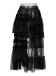 Black Slightly See Through Asymmetric Layered Mesh Crackled Leather Belt Punk Style Mesh Skirt