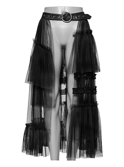 Black Slightly See Through Asymmetric Layered Mesh Crackled Leather Belt Punk Style Mesh Skirt