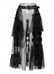 Black Slightly See Through Asymmetric Layered Mesh Crackled Leather Belt Punk Style Mesh Skirt