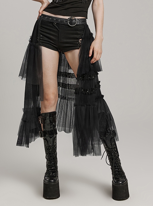 Black Slightly See Through Asymmetric Layered Mesh Crackled Leather Belt Punk Style Mesh Skirt