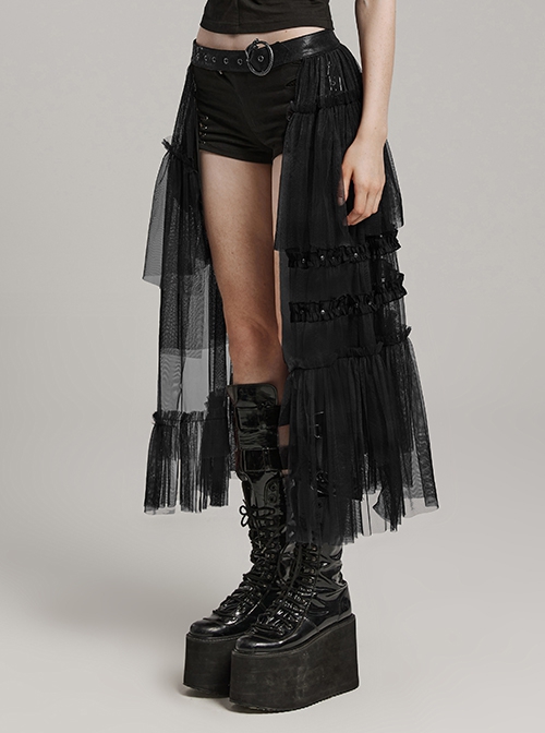 Black Slightly See Through Asymmetric Layered Mesh Crackled Leather Belt Punk Style Mesh Skirt