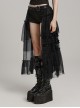 Black Slightly See Through Asymmetric Layered Mesh Crackled Leather Belt Punk Style Mesh Skirt