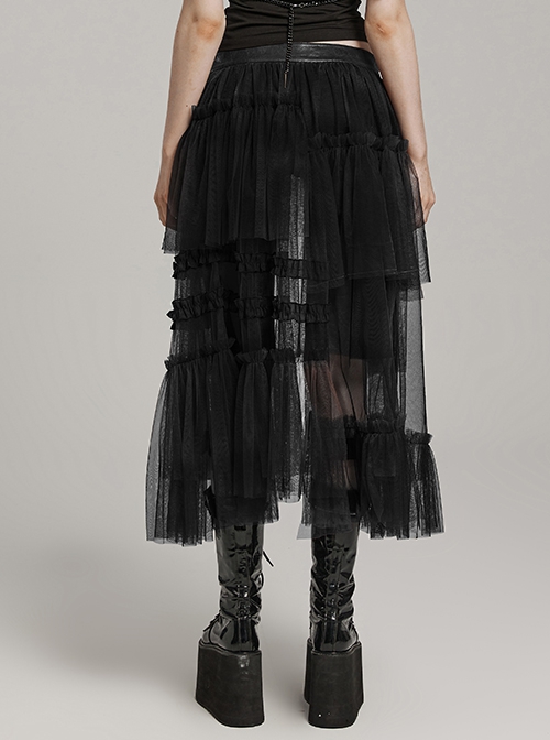 Black Slightly See Through Asymmetric Layered Mesh Crackled Leather Belt Punk Style Mesh Skirt