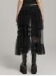 Black Slightly See Through Asymmetric Layered Mesh Crackled Leather Belt Punk Style Mesh Skirt