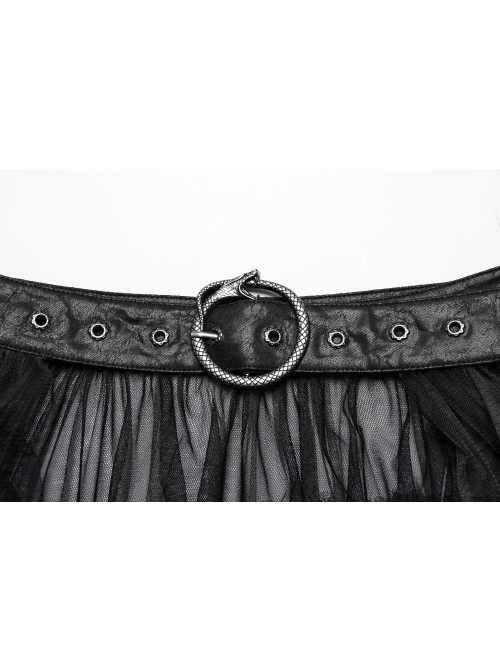 Black Slightly See Through Asymmetric Layered Mesh Crackled Leather Belt Punk Style Mesh Skirt