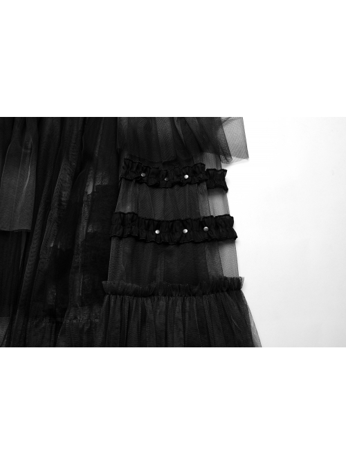 Black Slightly See Through Asymmetric Layered Mesh Crackled Leather Belt Punk Style Mesh Skirt