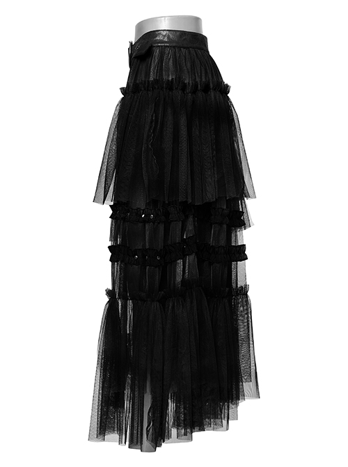Black Slightly See Through Asymmetric Layered Mesh Crackled Leather Belt Punk Style Mesh Skirt