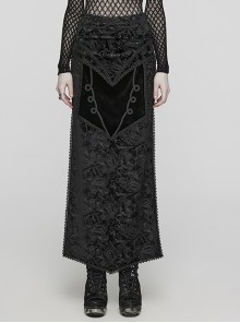 Gorgeous Print And Black Velvet And Exquisite Lace Embellishment Gothic Style Slit Skirt
