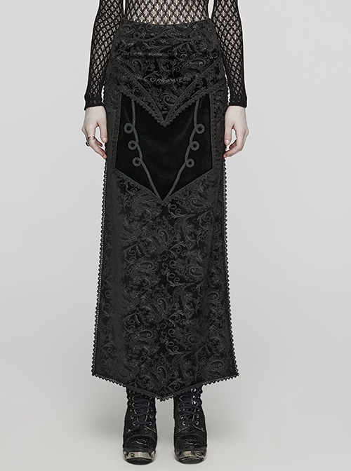 Gorgeous Print And Black Velvet And Exquisite Lace Embellishment Gothic Style Slit Skirt