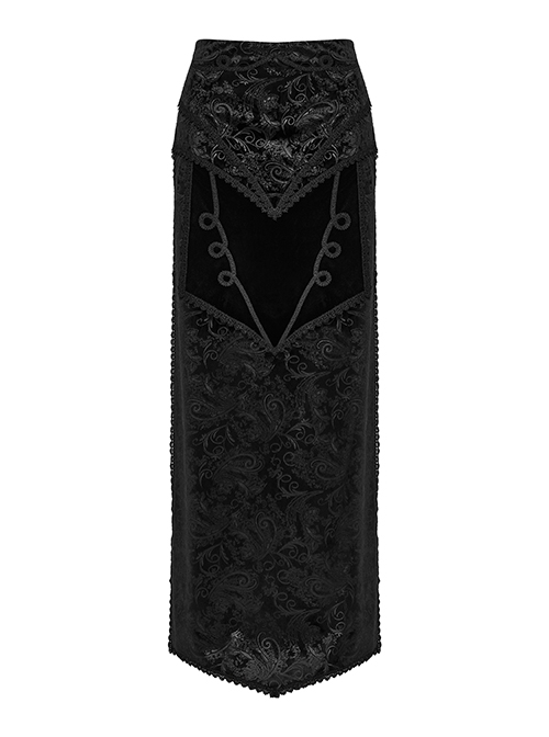 Gorgeous Print And Black Velvet And Exquisite Lace Embellishment Gothic Style Slit Skirt