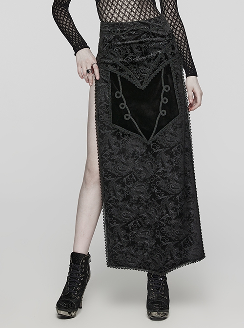Gorgeous Print And Black Velvet And Exquisite Lace Embellishment Gothic Style Slit Skirt