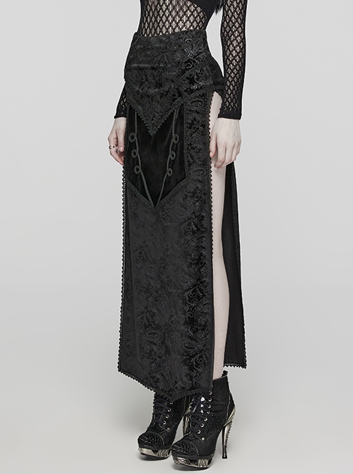 Gorgeous Print And Black Velvet And Exquisite Lace Embellishment Gothic Style Slit Skirt