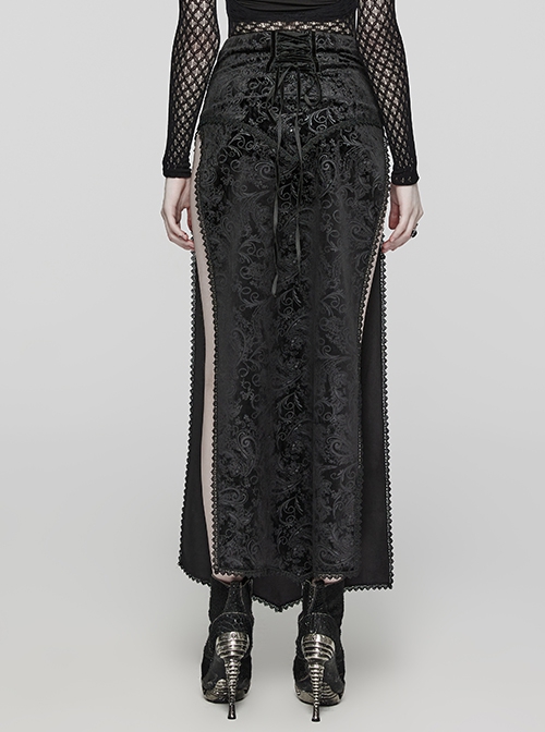 Gorgeous Print And Black Velvet And Exquisite Lace Embellishment Gothic Style Slit Skirt
