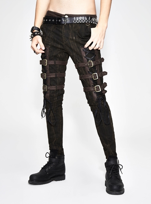 Multi-Loops Embroider Leather Hasp Side Lace-Up Brown Punk Pants