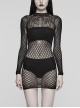 Black Stretch Yarn Rhombus See Through Mesh Back Hollow Design Gothic Pattern Knitted Long Sleeved Dress