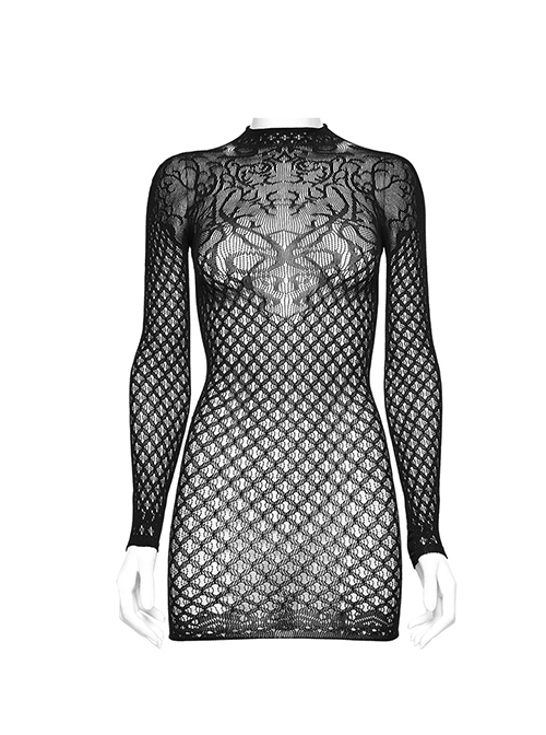 Black Stretch Yarn Rhombus See Through Mesh Back Hollow Design Gothic Pattern Knitted Long Sleeved Dress
