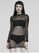 Black Stretch Yarn Rhombus See Through Mesh Back Hollow Design Gothic Pattern Knitted Long Sleeved Dress