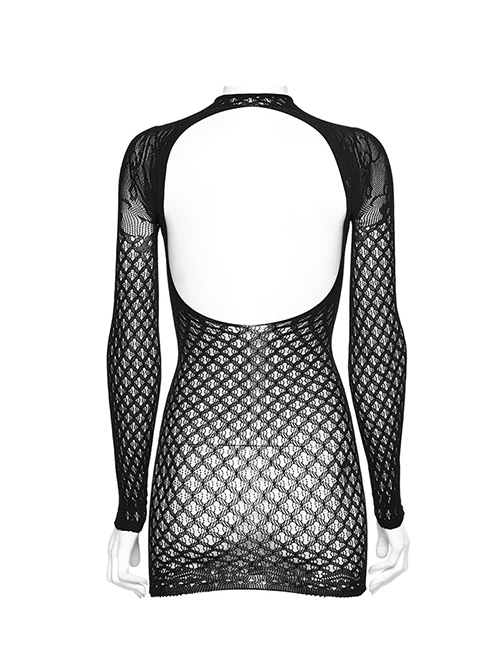 Black Stretch Yarn Rhombus See Through Mesh Back Hollow Design Gothic Pattern Knitted Long Sleeved Dress
