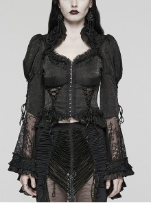Gorgeous Black Non Stretch Woven Patchwork Lace Button Down With Center Hook Front Gothic Puff Sleeve Shirt