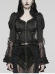 Gorgeous Black Non Stretch Woven Patchwork Lace Button Down With Center Hook Front Gothic Puff Sleeve Shirt