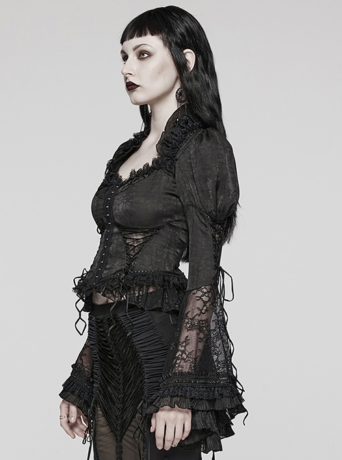 Gorgeous Black Non Stretch Woven Patchwork Lace Button Down With Center Hook Front Gothic Puff Sleeve Shirt
