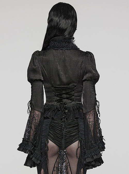 Gorgeous Black Non Stretch Woven Patchwork Lace Button Down With Center Hook Front Gothic Puff Sleeve Shirt