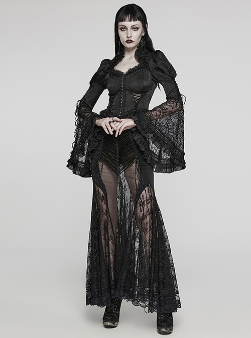 Gorgeous Black Non Stretch Woven Patchwork Lace Button Down With Center Hook Front Gothic Puff Sleeve Shirt