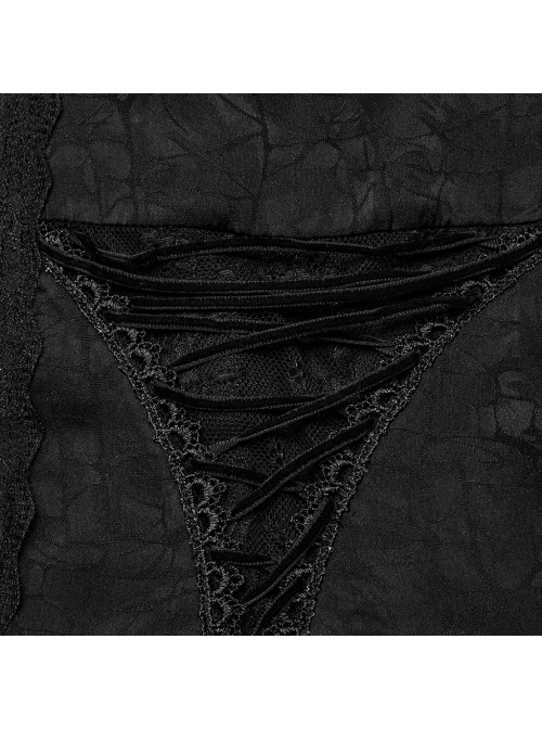 Gorgeous Black Non Stretch Woven Patchwork Lace Button Down With Center Hook Front Gothic Puff Sleeve Shirt