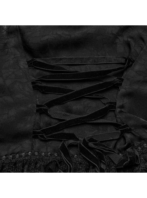 Gorgeous Black Non Stretch Woven Patchwork Lace Button Down With Center Hook Front Gothic Puff Sleeve Shirt