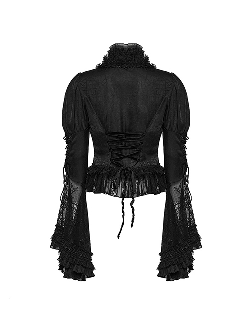 Gorgeous Black Non Stretch Woven Patchwork Lace Button Down With Center Hook Front Gothic Puff Sleeve Shirt