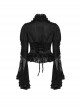 Gorgeous Black Non Stretch Woven Patchwork Lace Button Down With Center Hook Front Gothic Puff Sleeve Shirt