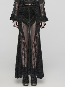 Sexy And Slightly See Through Black Stretch Lace Spliced Mesh Front And Back Delicate Rope Gothic Hip Hugging Skirt
