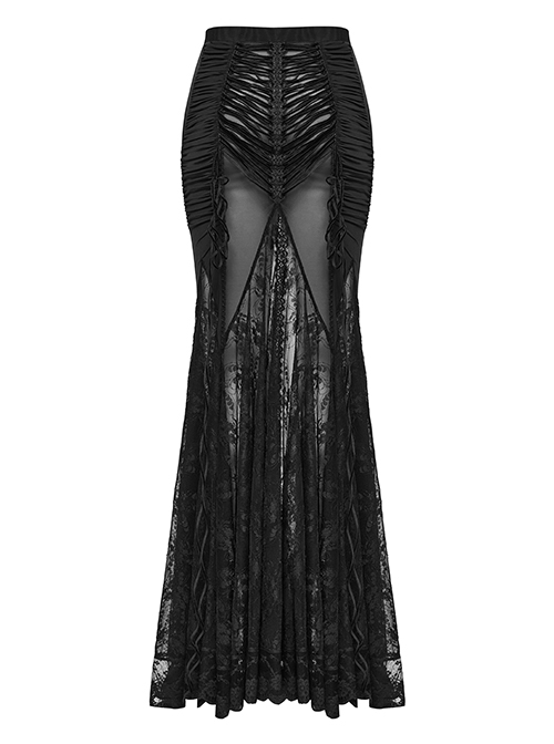 Sexy And Slightly See Through Black Stretch Lace Spliced Mesh Front And Back Delicate Rope Gothic Hip Hugging Skirt