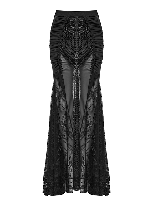 Sexy And Slightly See Through Black Stretch Lace Spliced Mesh Front And Back Delicate Rope Gothic Hip Hugging Skirt