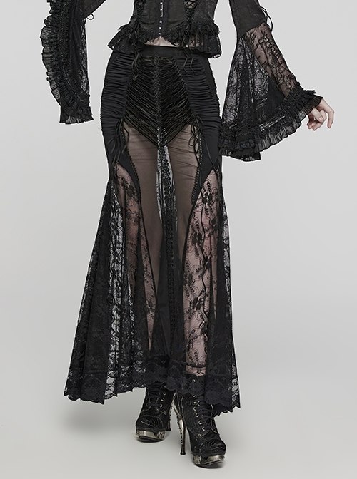 Sexy And Slightly See Through Black Stretch Lace Spliced Mesh Front And Back Delicate Rope Gothic Hip Hugging Skirt
