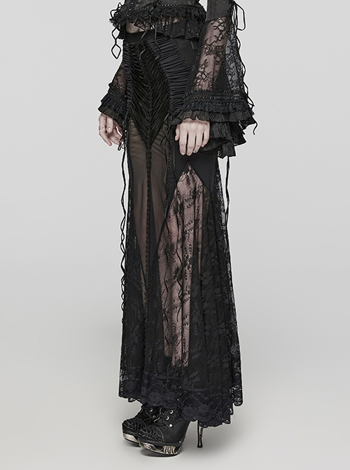 Sexy And Slightly See Through Black Stretch Lace Spliced Mesh Front And Back Delicate Rope Gothic Hip Hugging Skirt