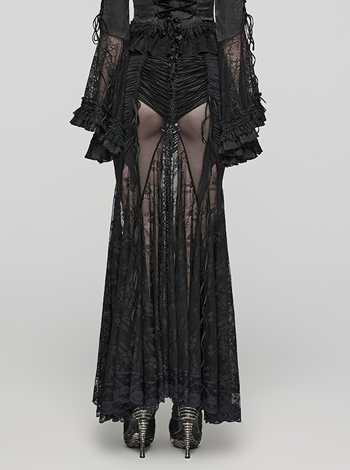 Sexy And Slightly See Through Black Stretch Lace Spliced Mesh Front And Back Delicate Rope Gothic Hip Hugging Skirt