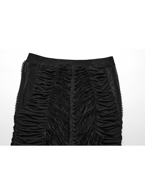 Sexy And Slightly See Through Black Stretch Lace Spliced Mesh Front And Back Delicate Rope Gothic Hip Hugging Skirt