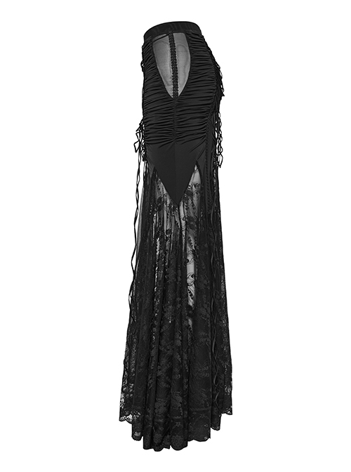 Sexy And Slightly See Through Black Stretch Lace Spliced Mesh Front And Back Delicate Rope Gothic Hip Hugging Skirt