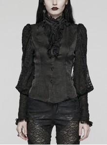 Black Gorgeous Woven Patchwork Lace Center Front Ruffle Stand Collar Gothic Balloon Sleeve Shirt