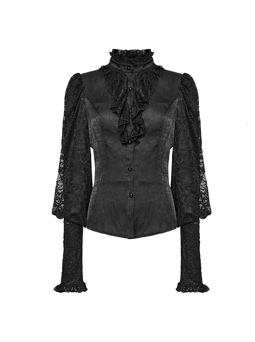 Black Gorgeous Woven Patchwork Lace Center Front Ruffle Stand Collar Gothic Balloon Sleeve Shirt