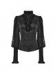 Black Gorgeous Woven Patchwork Lace Center Front Ruffle Stand Collar Gothic Balloon Sleeve Shirt