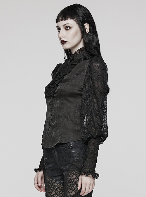 Black Gorgeous Woven Patchwork Lace Center Front Ruffle Stand Collar Gothic Balloon Sleeve Shirt