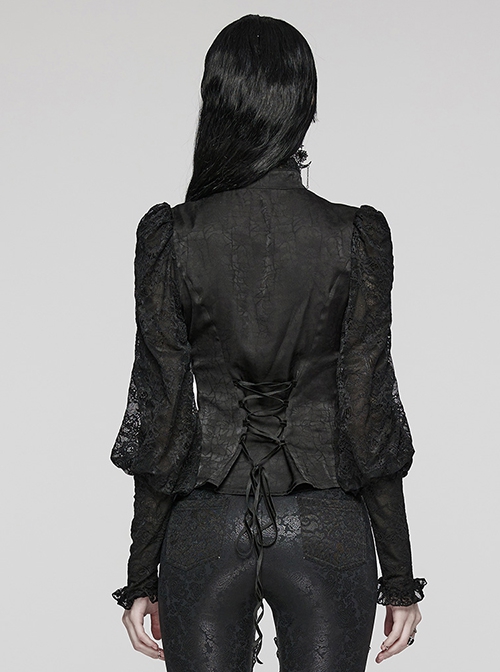 Black Gorgeous Woven Patchwork Lace Center Front Ruffle Stand Collar Gothic Balloon Sleeve Shirt